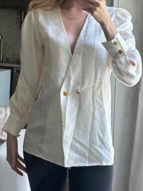EENK Ivory Jacquard Blouse Blazer Gold Button Minimalist Designer Quiet Luxury